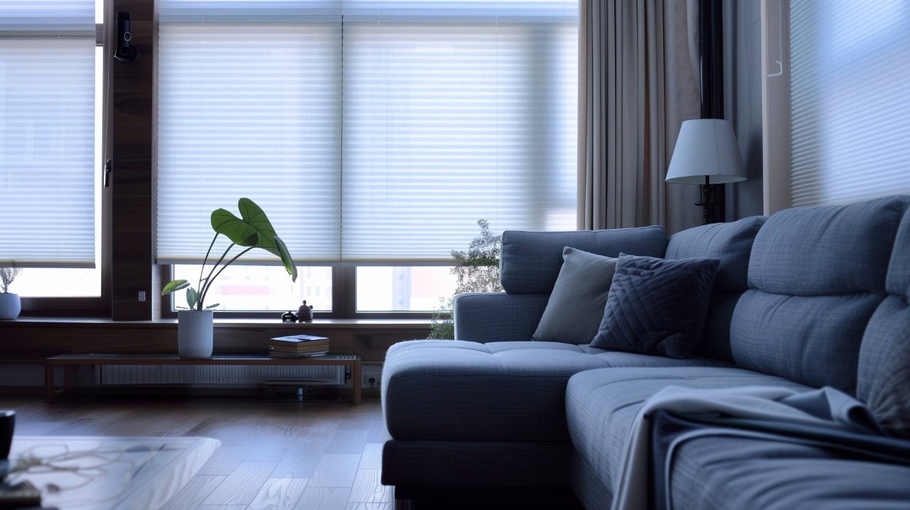 Modern living room featuring room darkening window shades near Kenner, LA