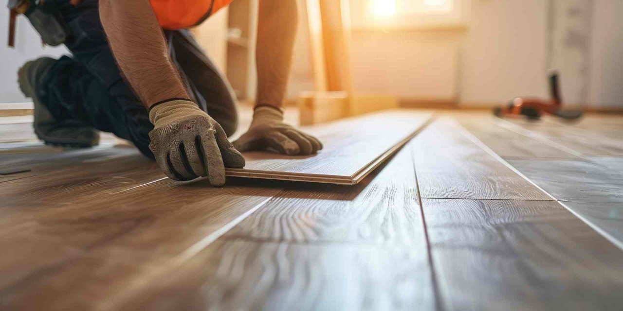  Worker performing a wood floor installation service in a living room near Keller, LA.